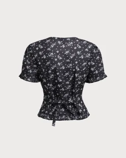 Black Floral Scoop Neck Blouse