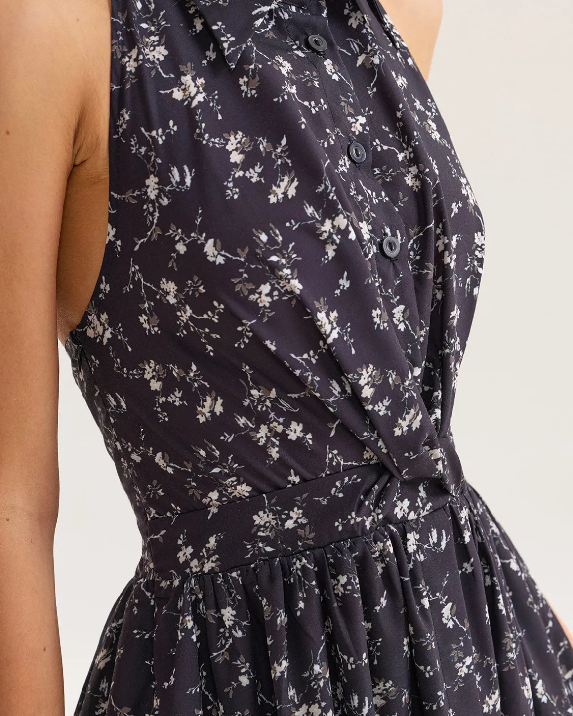 Black Floral Shirred Backless Midi Dress