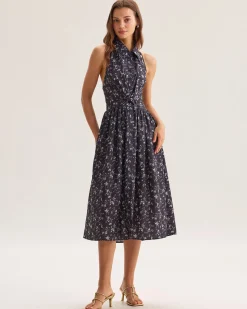 Black Floral Shirred Backless Midi Dress