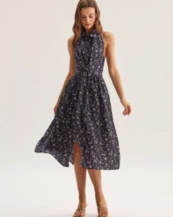 Black Floral Shirred Backless Midi Dress