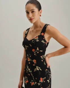 Black Floral Shirred Slip Maxi Dress