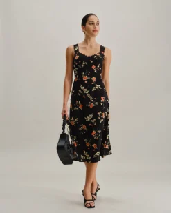 Black Floral Shirred Slip Maxi Dress