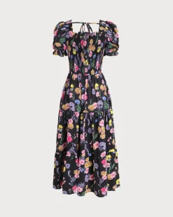 Black Floral Square Neck Shirred Maxi Dress