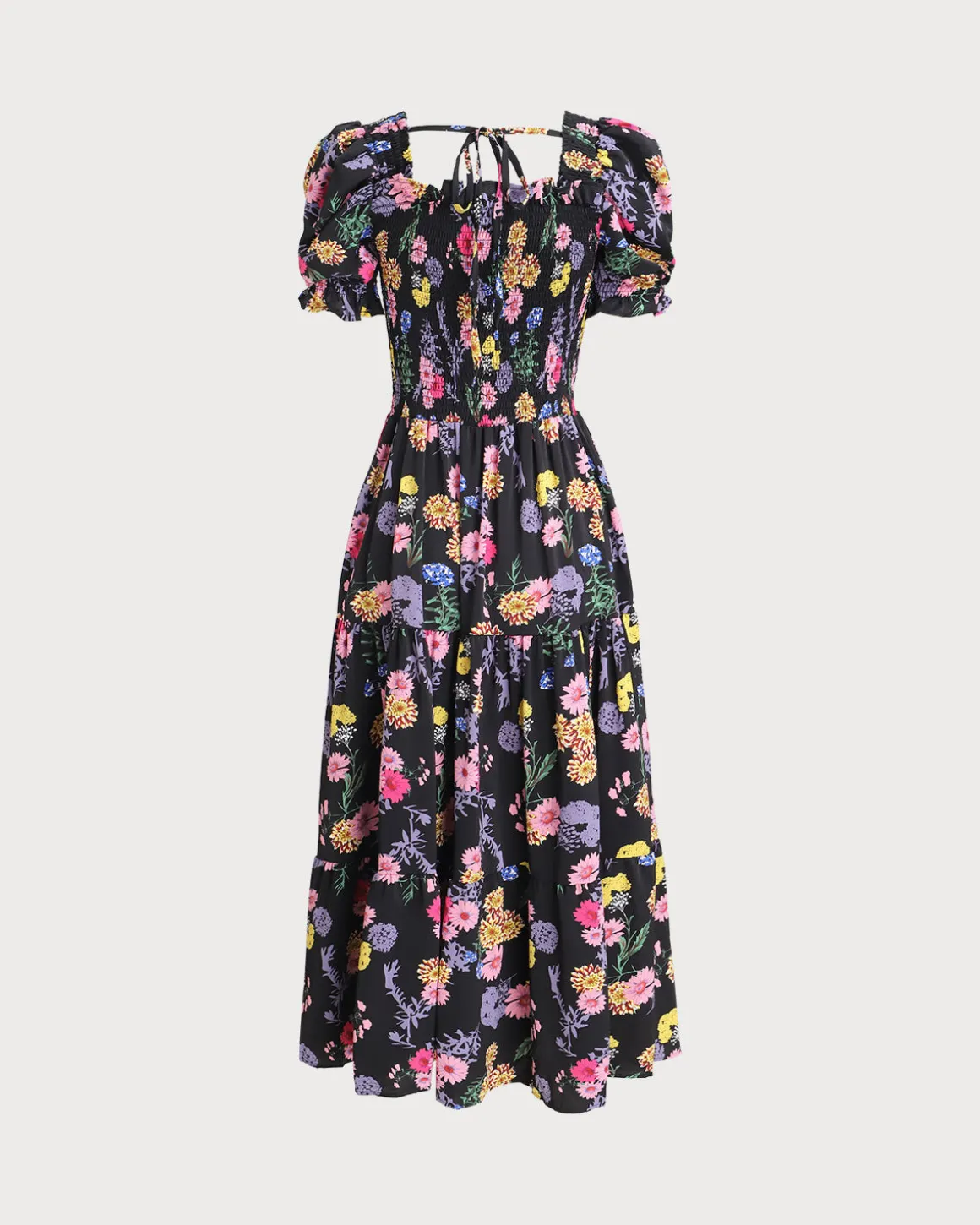 Black Floral Square Neck Shirred Maxi Dress