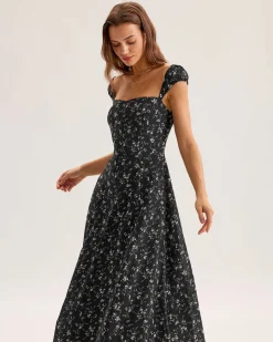 Black Floral Sweetheart Neck Midi Dress