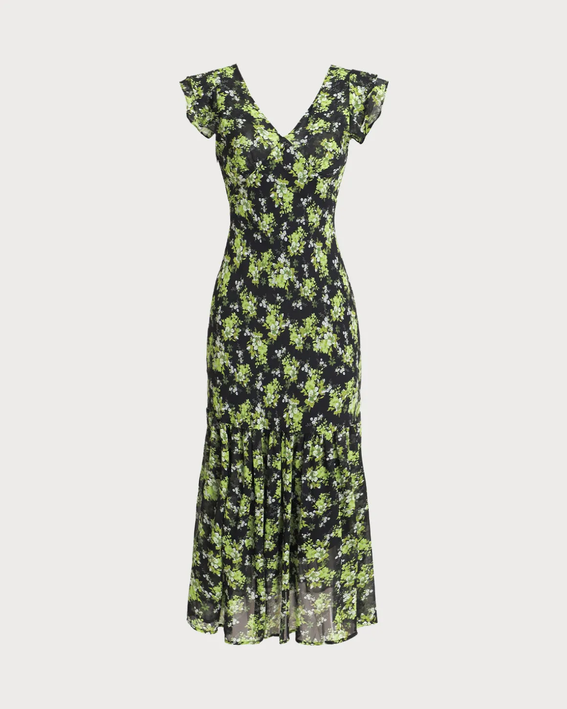 Black Floral V Neck Ruffle Midi Dress