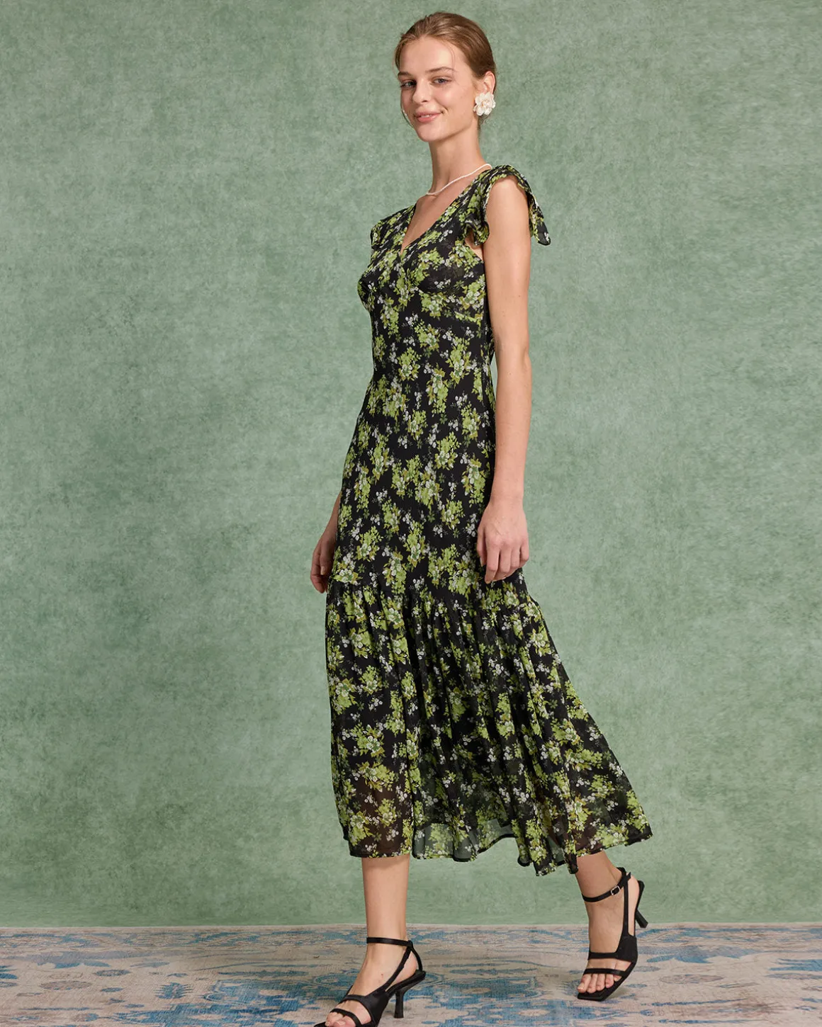 Black Floral V Neck Ruffle Midi Dress