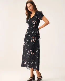 Black Floral Wrap Maxi Dress
