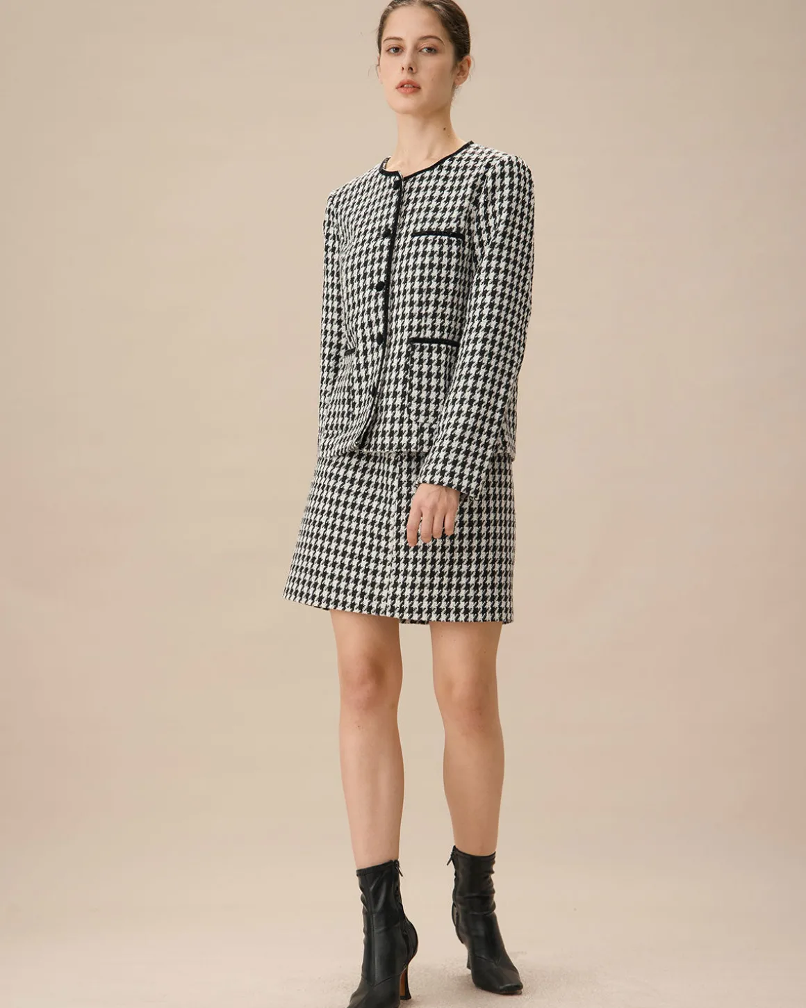 Black High-waisted Straight Tweed Skirt