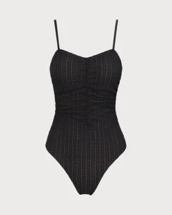Black Hollow Wrinkled One-Piece Swimsuit