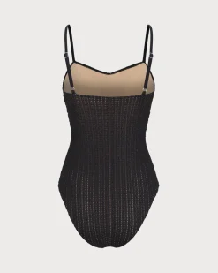 Black Hollow Wrinkled One-Piece Swimsuit