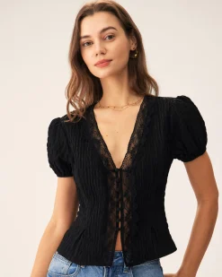 Black Jacquard Lace Button Blouse