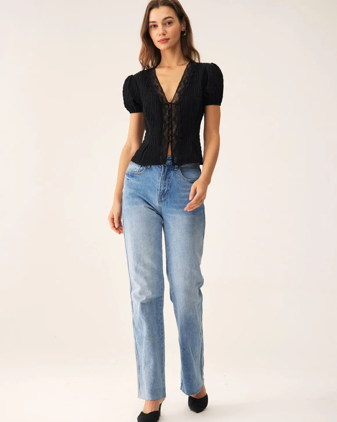 Black Jacquard Lace Button Blouse
