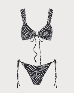 Black Knitted Zebra Print Two-Tone Bikini Set