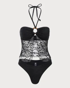 Black Lace Halter Tankini Swimsuit