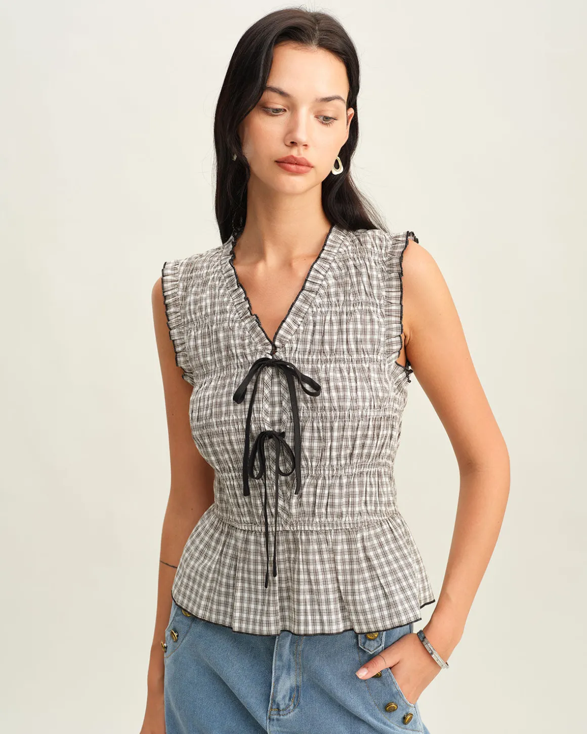 Black Plaid Bowknot Tank Top