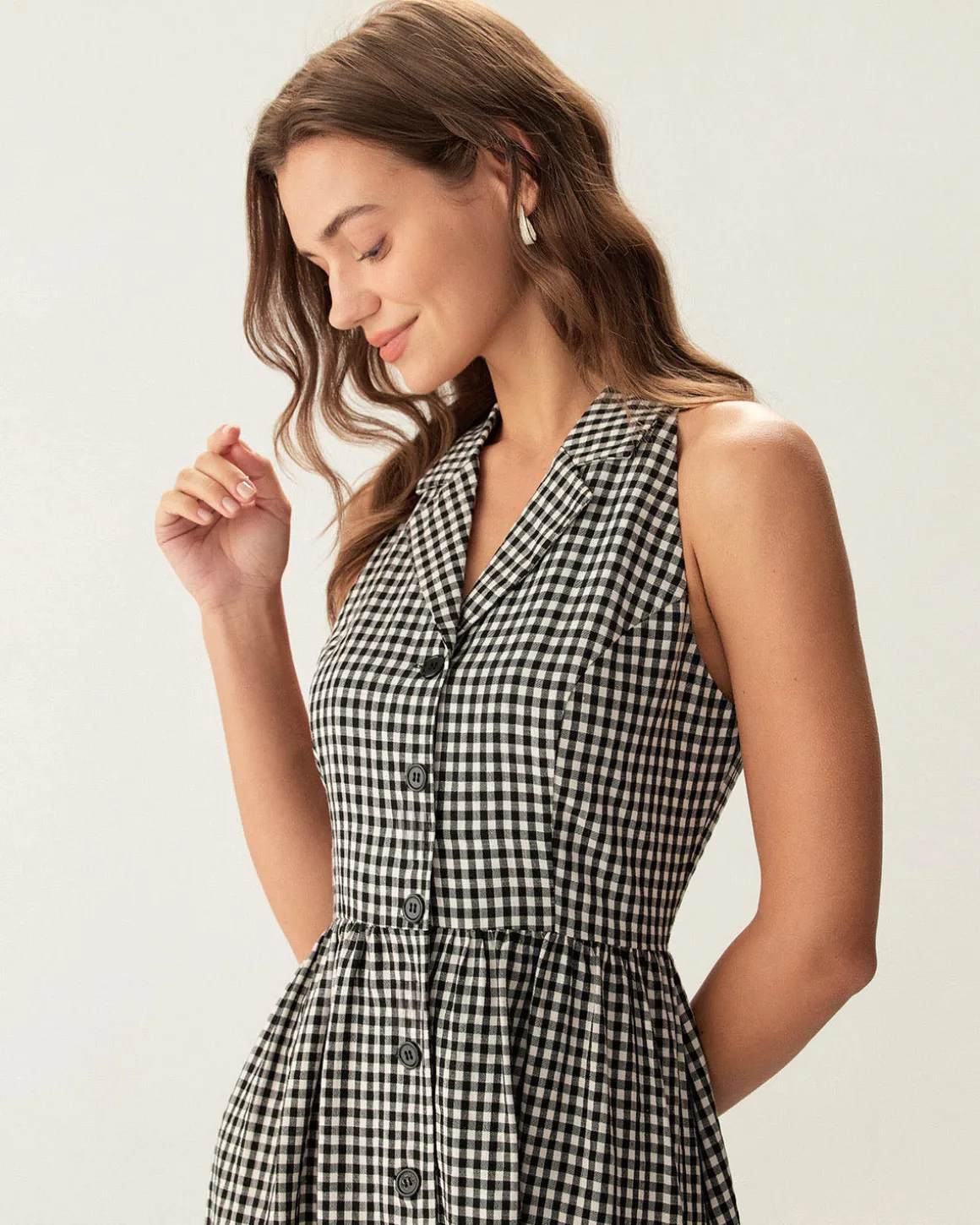 Black Plaid Sleeveless Button Midi Dress
