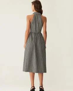 Black Plaid Sleeveless Button Midi Dress