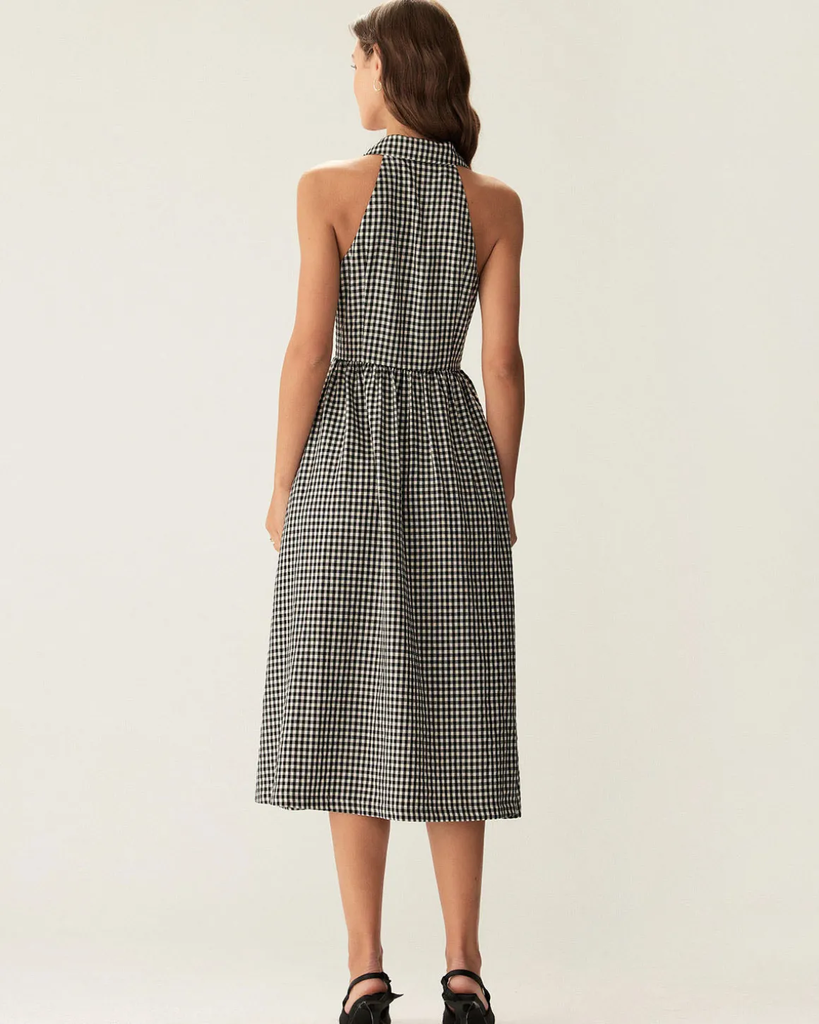 Black Plaid Sleeveless Button Midi Dress