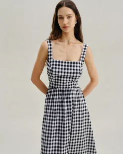 Black Plaid Square Neck Pocket Slip Maxi Dress