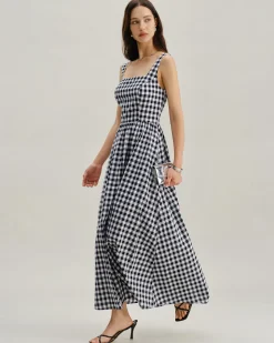 Black Plaid Square Neck Pocket Slip Maxi Dress