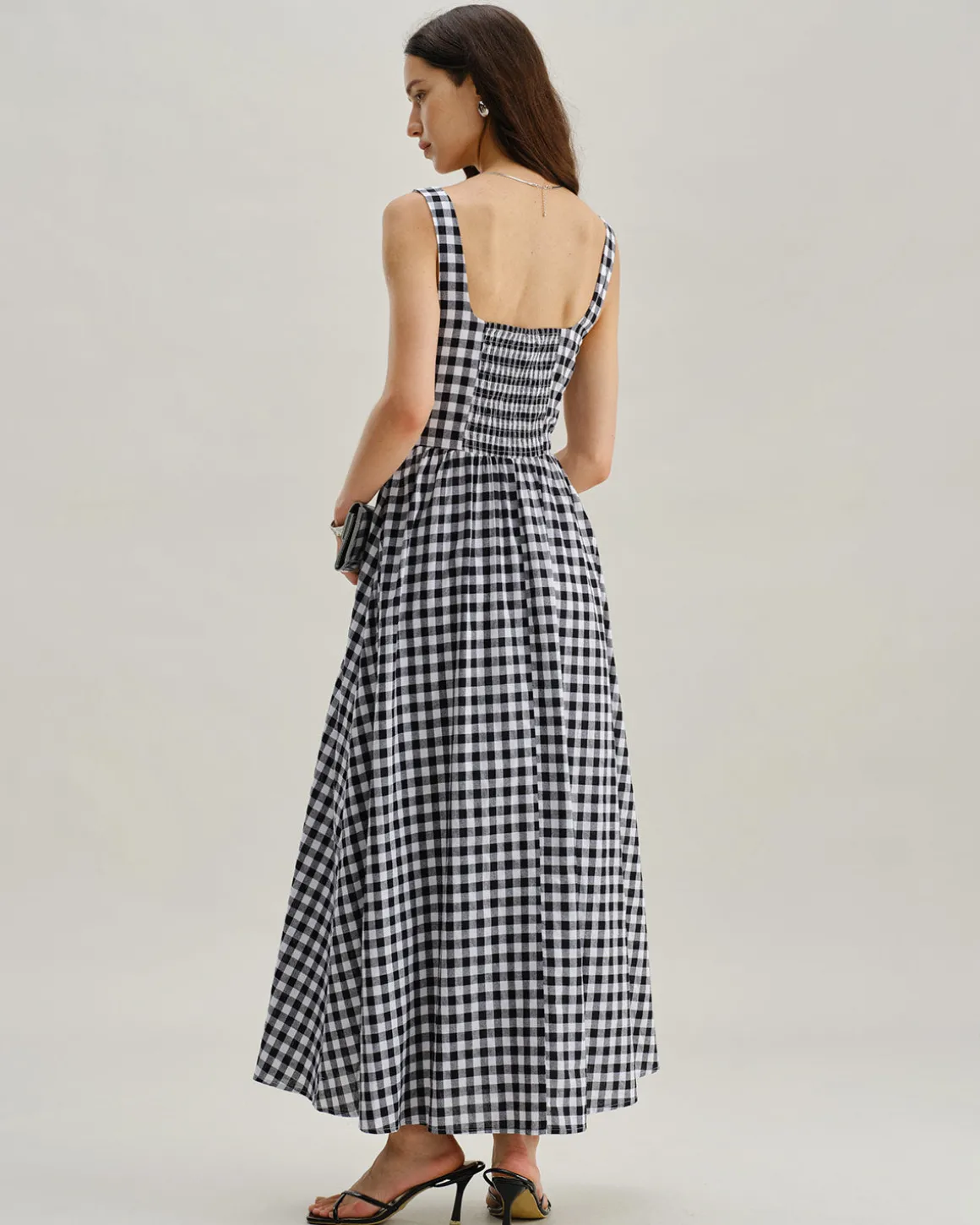 Black Plaid Square Neck Pocket Slip Maxi Dress