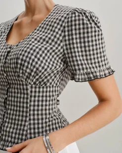 Black Plaid V Neck Ruffle Blouse