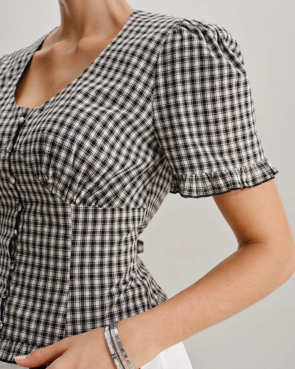 Black Plaid V Neck Ruffle Blouse
