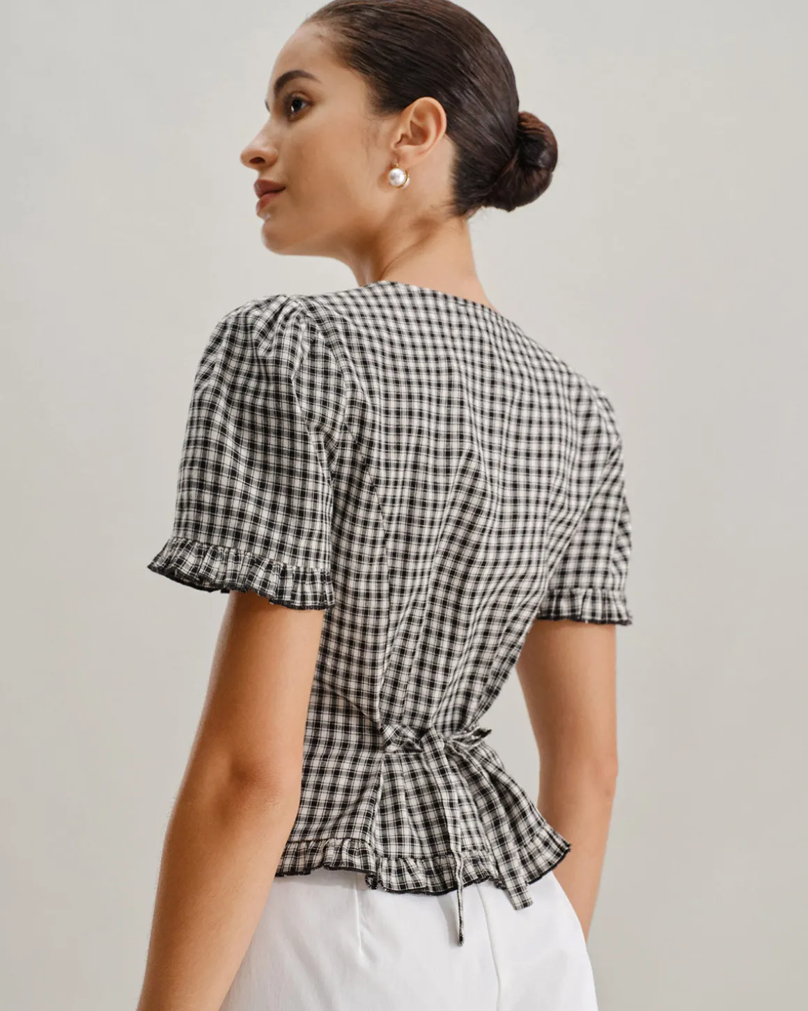 Black Plaid V Neck Ruffle Blouse