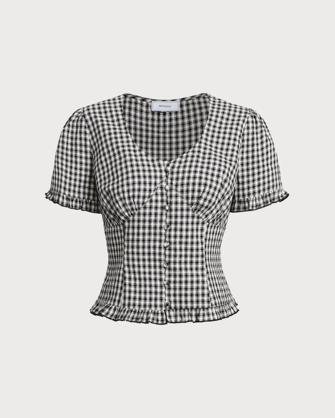 Black Plaid V Neck Ruffle Blouse