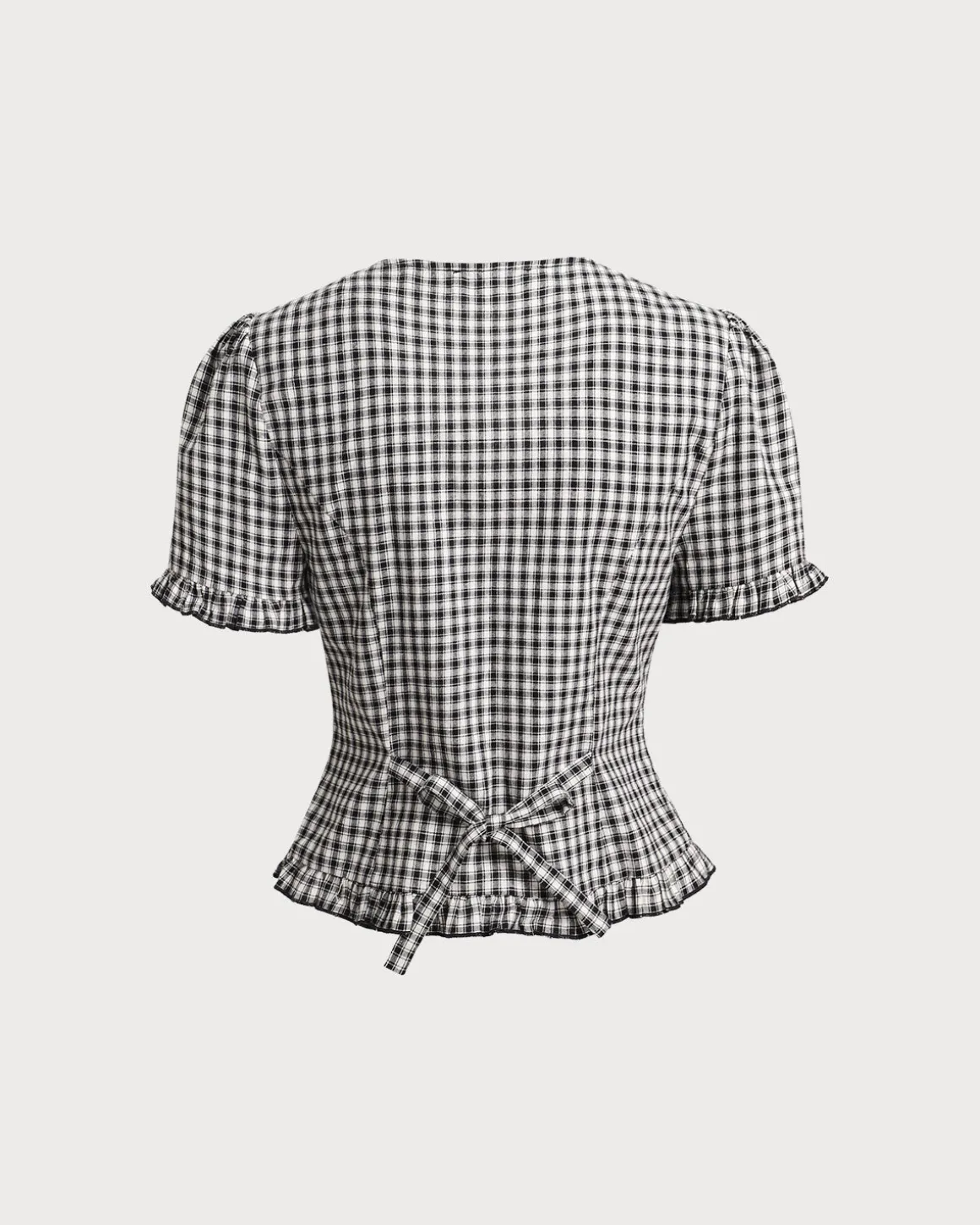 Black Plaid V Neck Ruffle Blouse