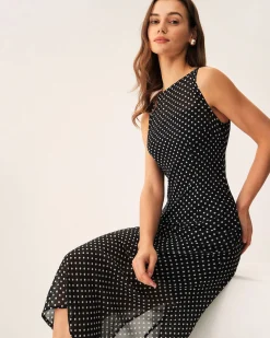 Black Polka Dot Boat Neck Midi Dress