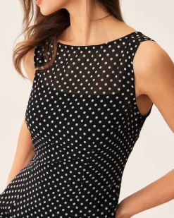 Black Polka Dot Boat Neck Midi Dress