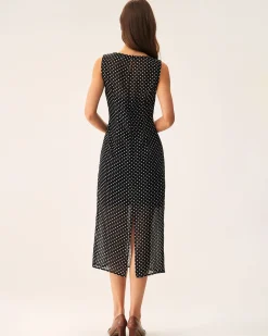 Black Polka Dot Boat Neck Midi Dress