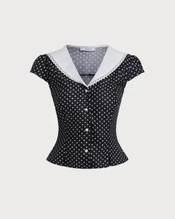 Black Polka Dot Cap Sleeve Shirt