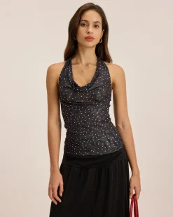 Black Polka Dot Chiffon Halter Top
