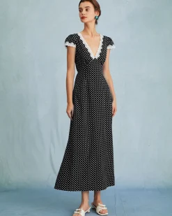 Black Polka Dot Lace Trim Maxi Dress