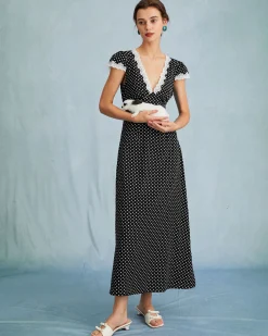 Black Polka Dot Lace Trim Maxi Dress