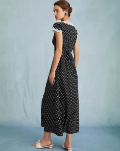 Black Polka Dot Lace Trim Maxi Dress