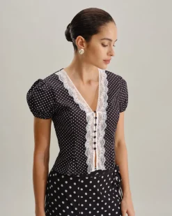 Black Polka Dot Lace Trim Blouse