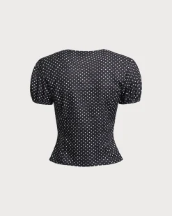 Black Polka Dot Lace Trim Blouse