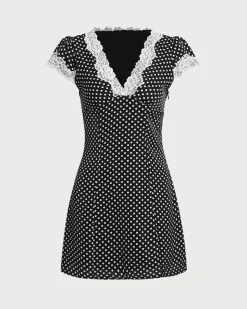Black Polka Dot V Neck Lace Mini Dress