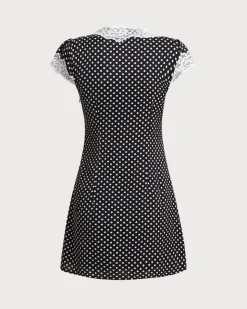 Black Polka Dot V Neck Lace Mini Dress