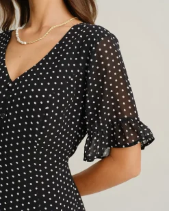 Black Polka Dot V Neck Ruffle Mini Dress