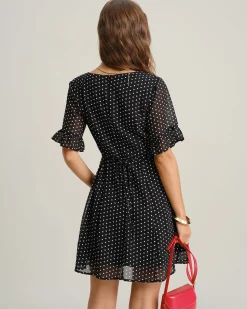 Black Polka Dot V Neck Ruffle Mini Dress