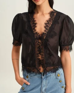 Black Puffed Sleeve Lace Blouse