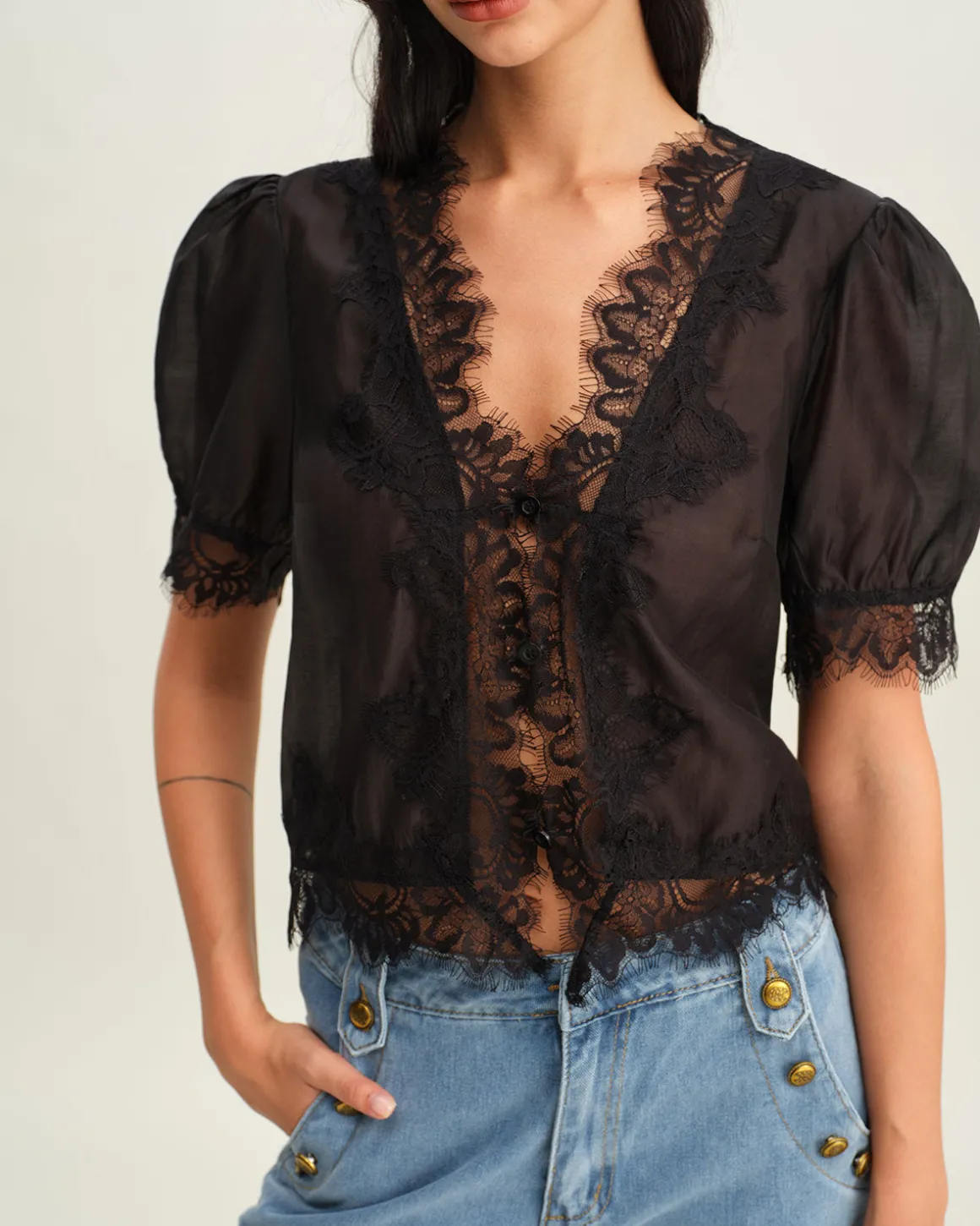 Black Puffed Sleeve Lace Blouse