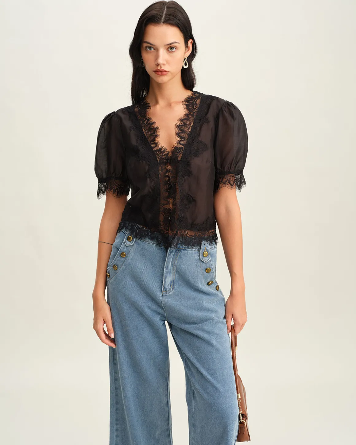 Black Puffed Sleeve Lace Blouse