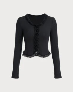 Black Round Neck Ribbed Knit Cardigan