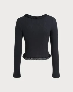 Black Round Neck Ribbed Knit Cardigan